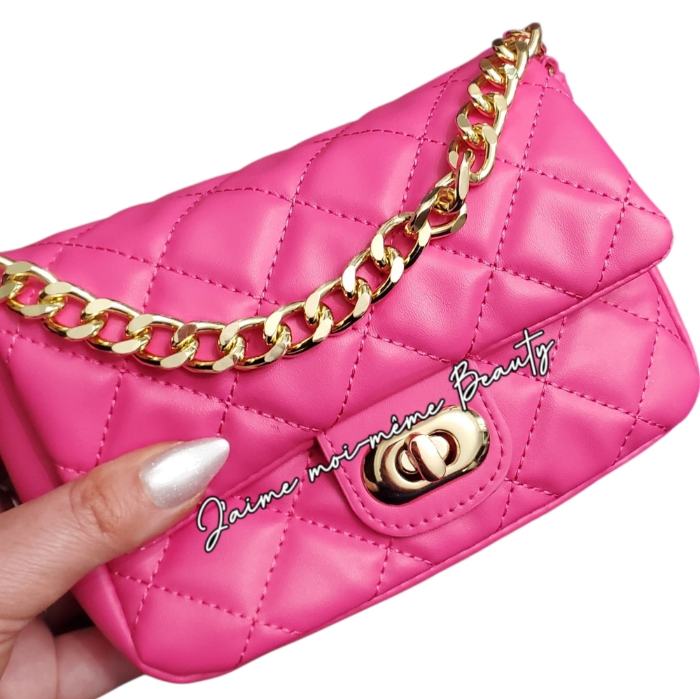 Hot Pink Quilted Gold Chain Turnlock Flap Bag